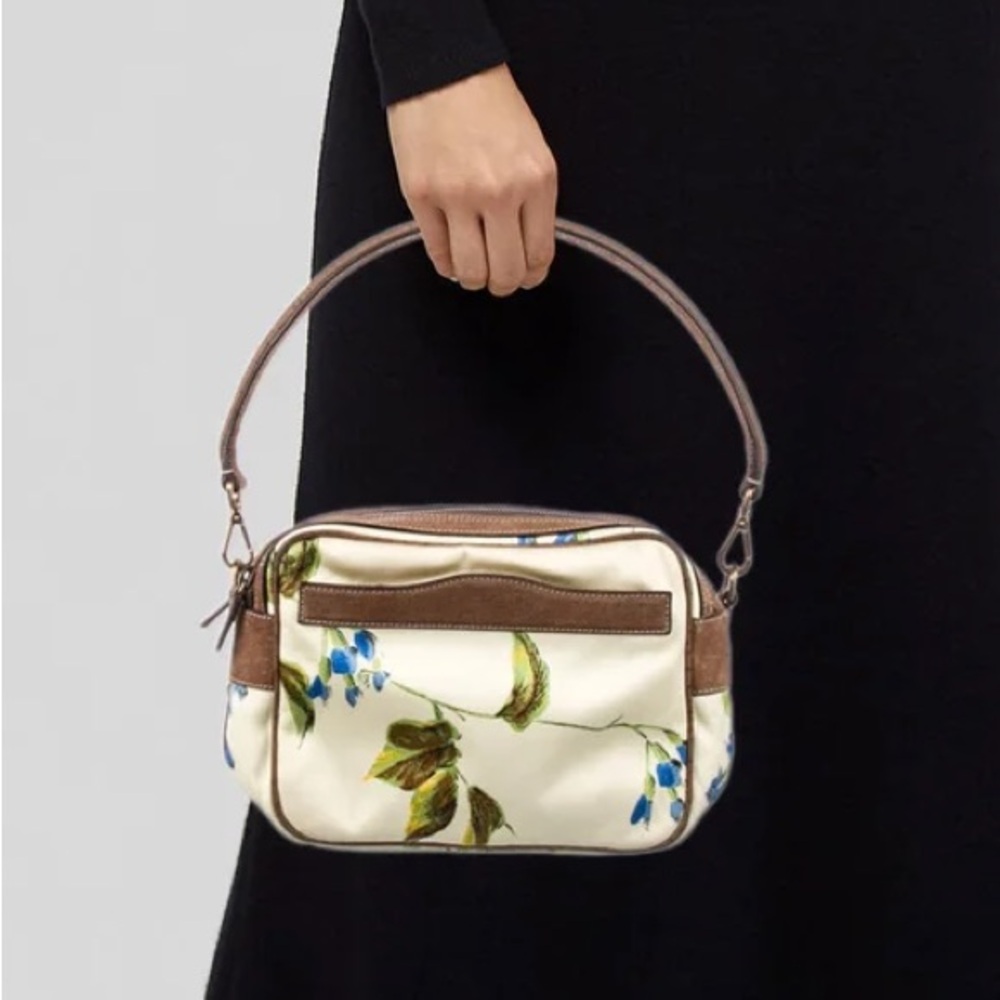 Prada Floral and Brown Leather Shoulder Bag